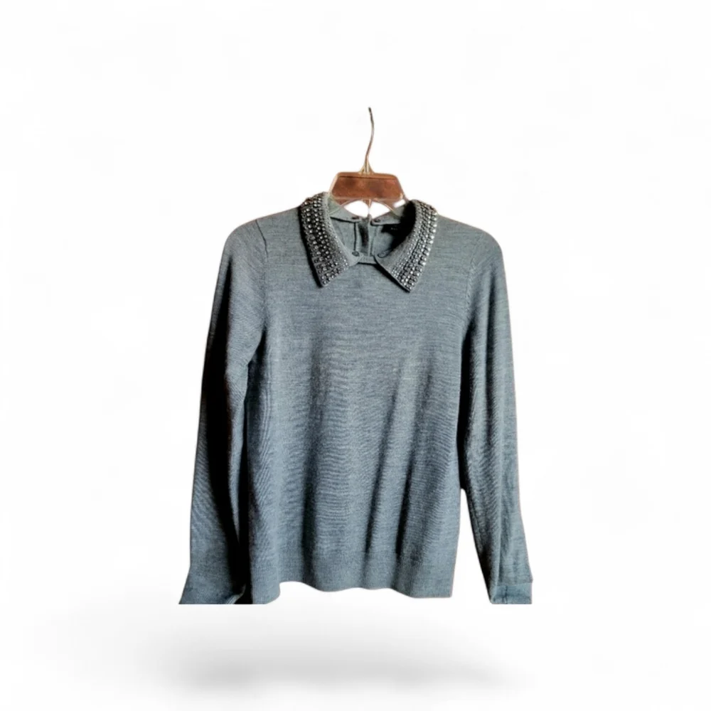 French Connection Gray 100% Wool Beaded Pearl Collar Crewneck Sweater Size Small - Picture 5 of 13